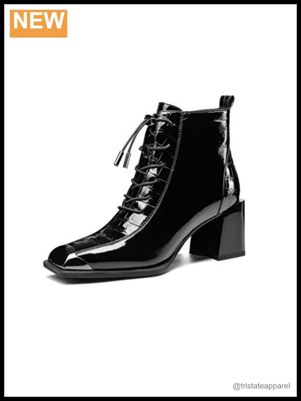 Women's Glossy Patent Leather Ankle Boots with Band Cap-Toe Mid Block Heel Side